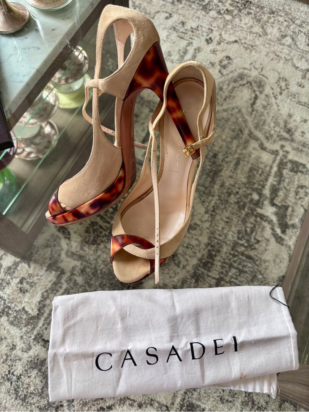 Casadei Beige Suede T-Strap Sandals with Tortoiseshell Platform Heel